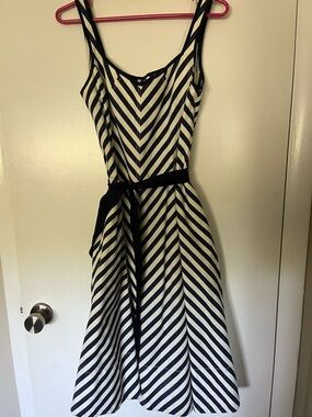 Talbots Navy and White Chambray, Chevron-Striped Midi with Belt